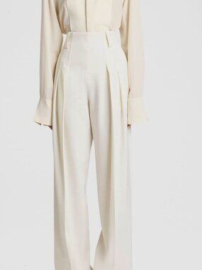 Victoria Beckham Women's Ivory Wool High Waist Cinched Trousers Pants Size 8